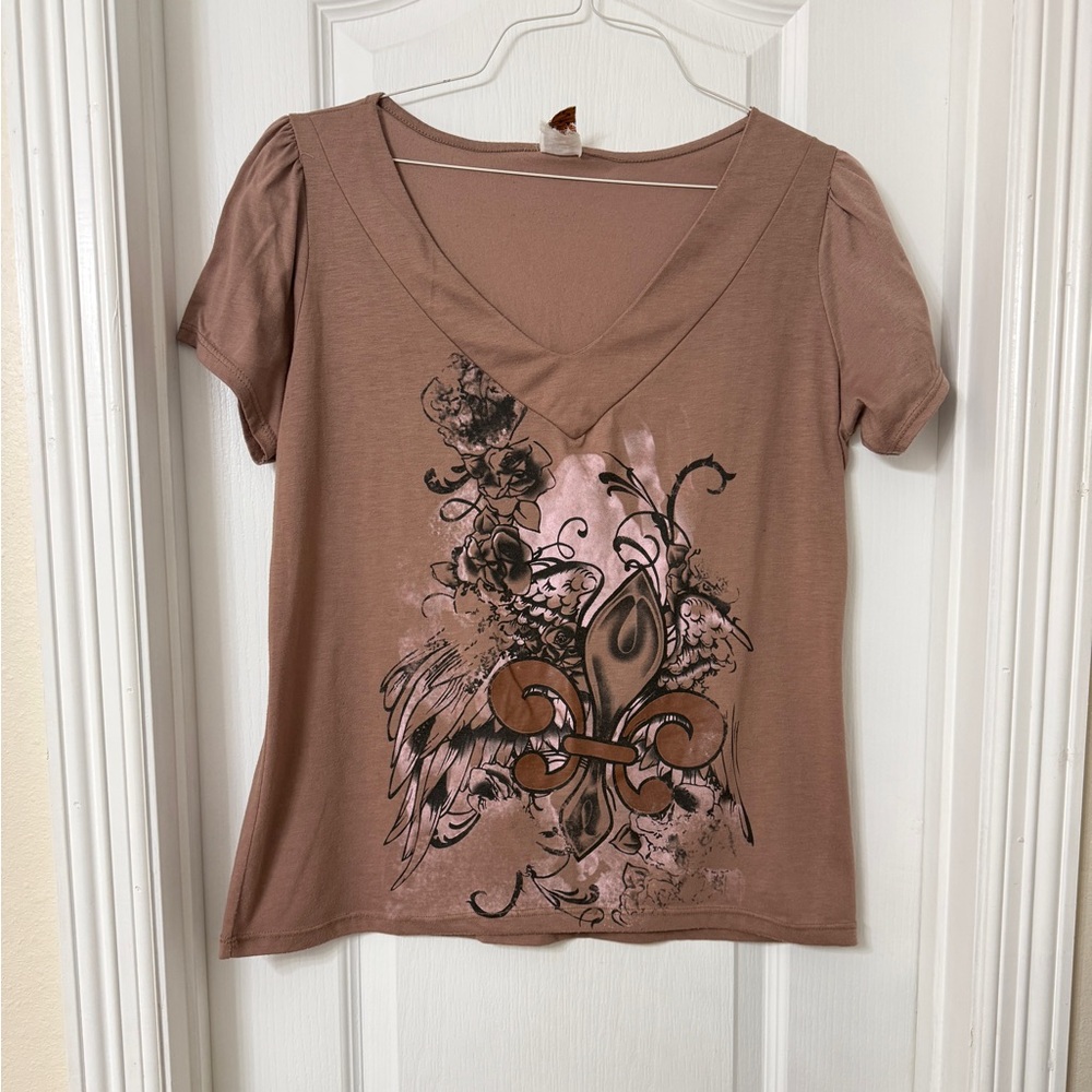 Cleek brown short sleeve V-neck floral fleur de lis design Y2K Size L
